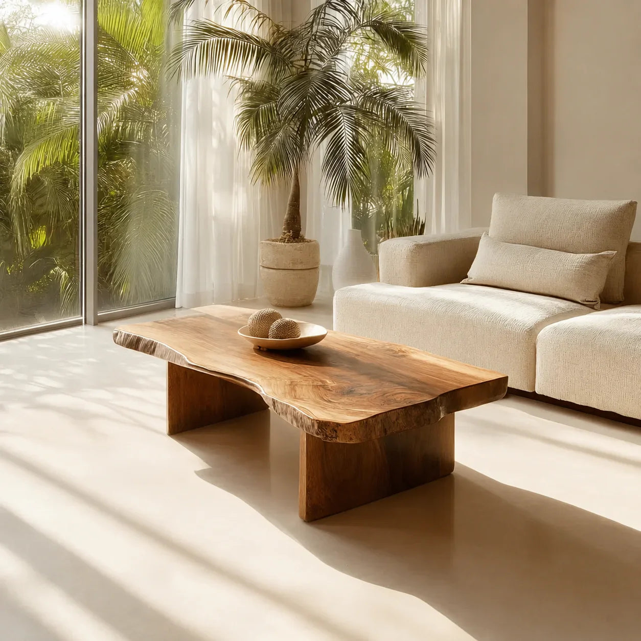 Live Edge Slab Coffee Table with Double Block Base in Natural Solid Wood - Woodenecho