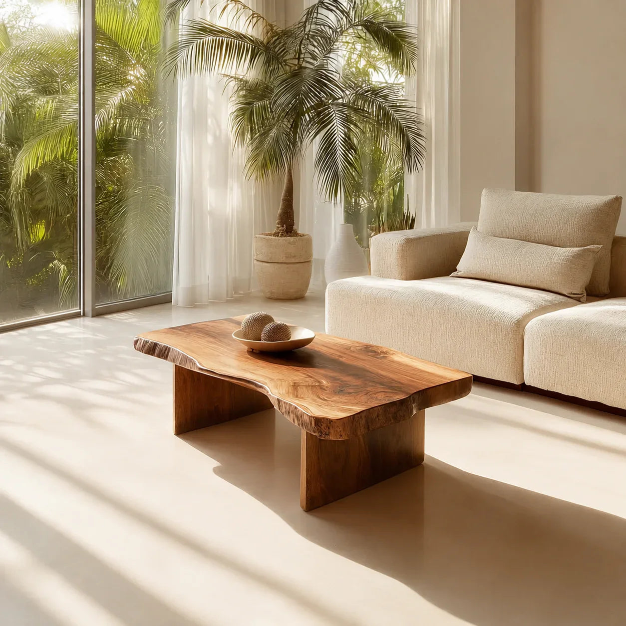 Live Edge Slab Coffee Table with Double Block Base in Natural Solid Wood - Woodenecho