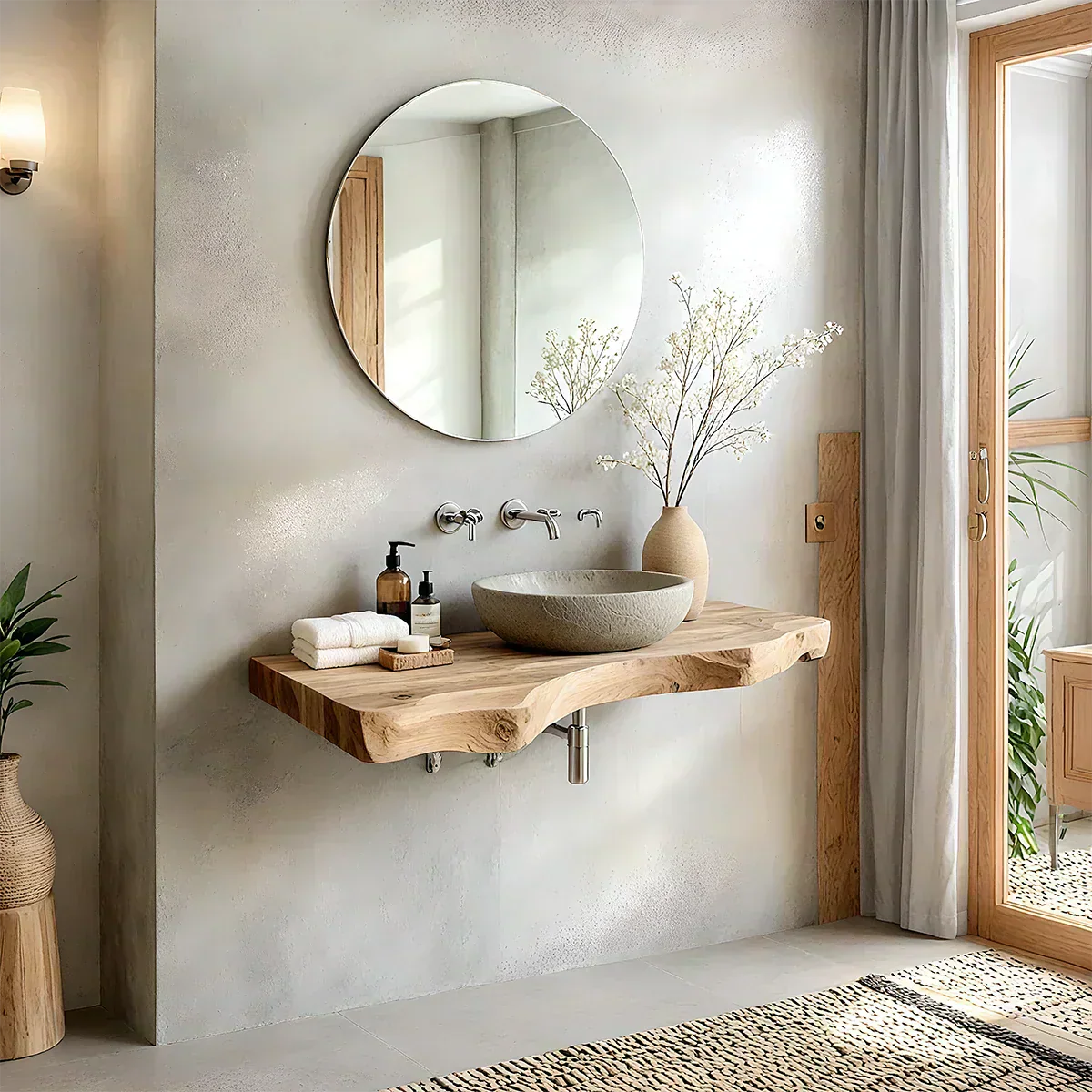 Live Edge Solid Wood Bathroom Vanity – Japandi Floating Sink Shelf - Rustirawood