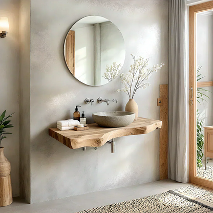 Live Edge Solid Wood Bathroom Vanity – Japandi Floating Sink Shelf - Rustirawood
