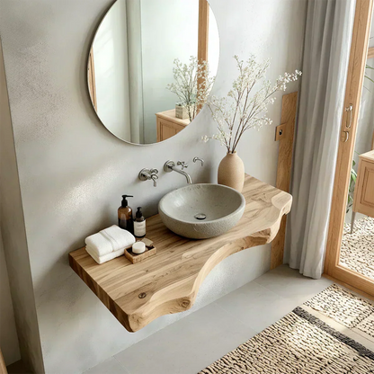 Live Edge Solid Wood Bathroom Vanity – Japandi Floating Sink Shelf - Rustirawood