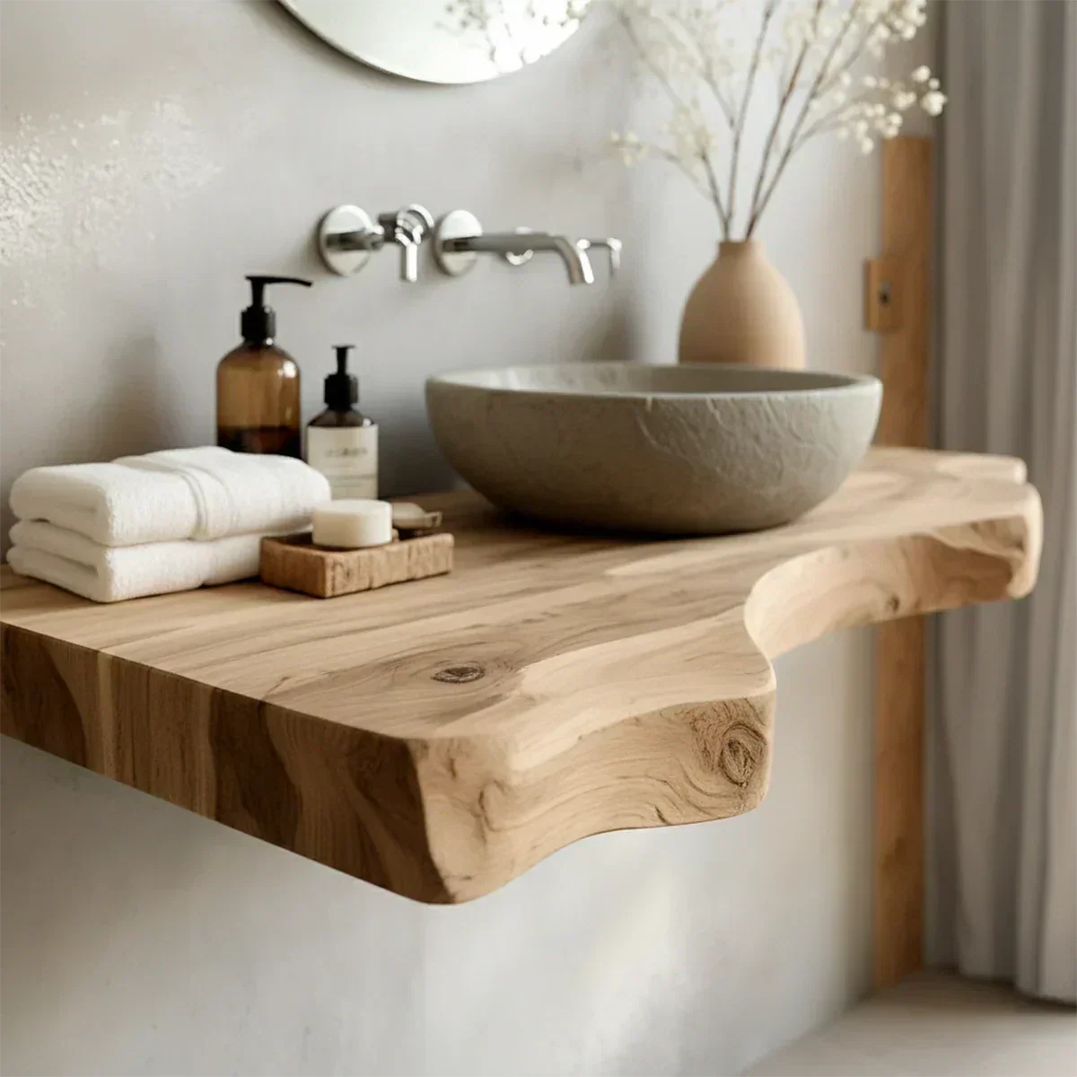 Live Edge Solid Wood Bathroom Vanity – Japandi Floating Sink Shelf - Rustirawood