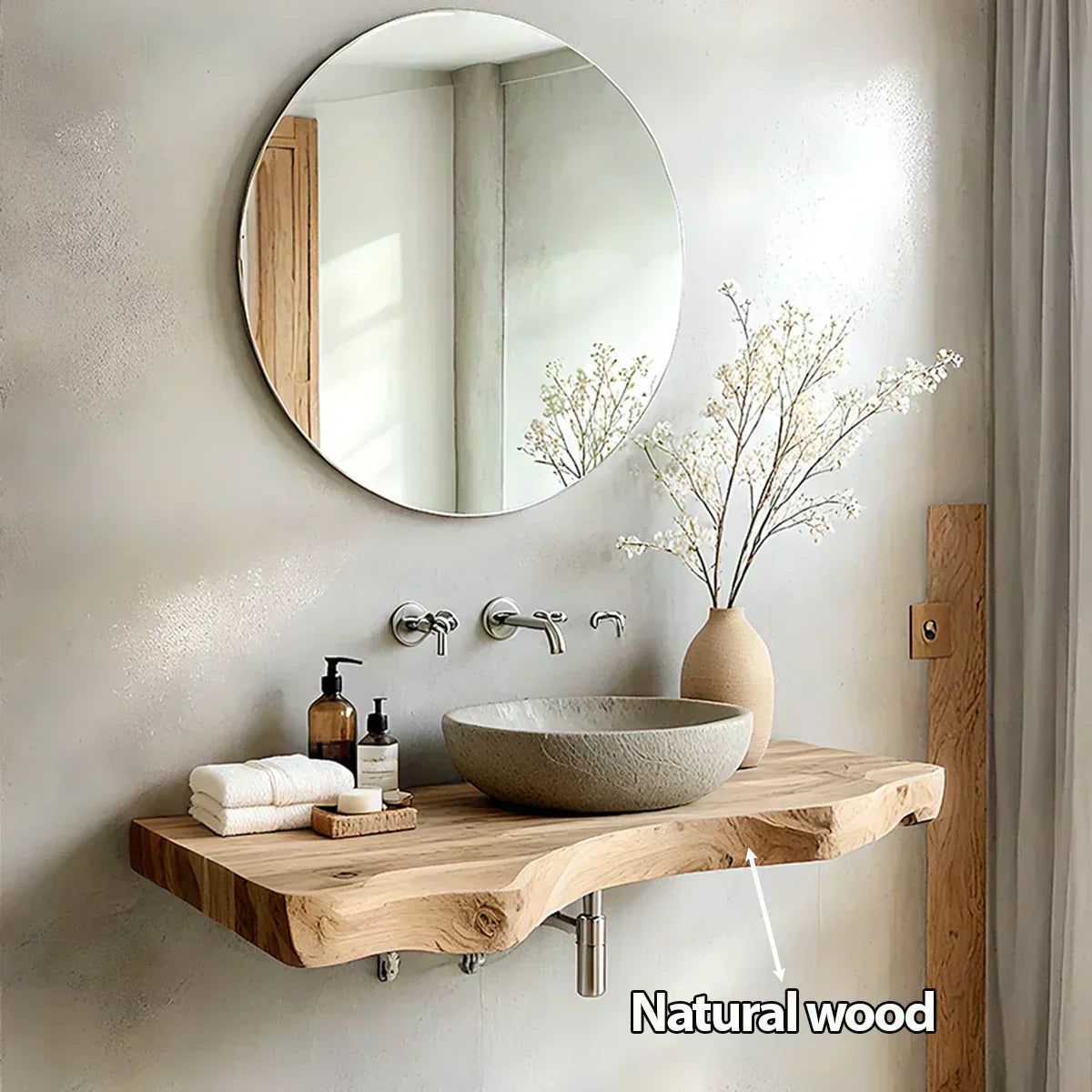 Live Edge Solid Wood Bathroom Vanity – Japandi Floating Sink Shelf - Rustirawood
