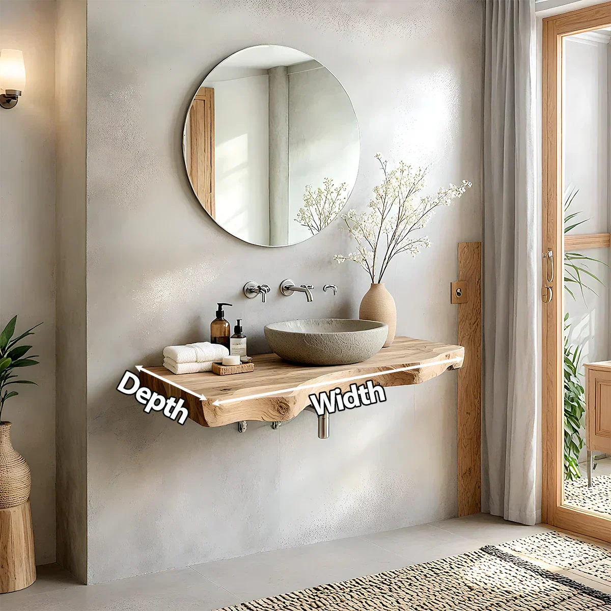 Live Edge Solid Wood Bathroom Vanity – Japandi Floating Sink Shelf - Rustirawood