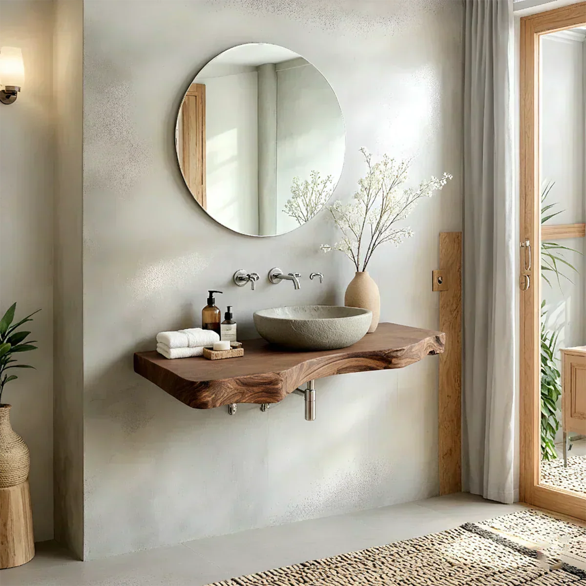 Live Edge Solid Wood Bathroom Vanity – Japandi Floating Sink Shelf - Rustirawood