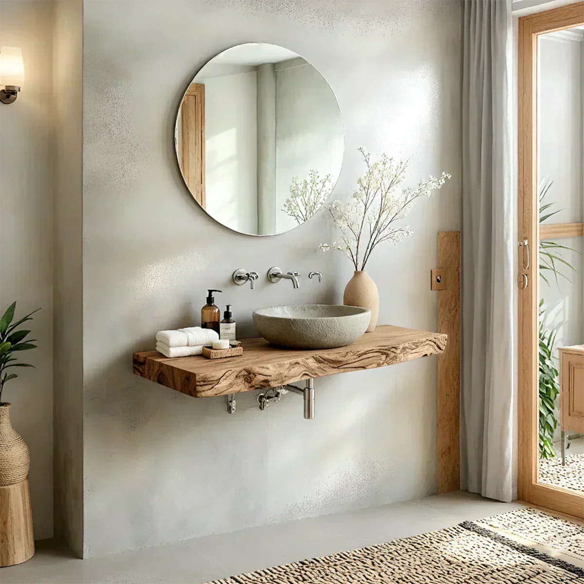 Live Edge Solid Wood Bathroom Vanity – Japandi Floating Sink Shelf - Rustirawood