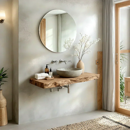 Live Edge Solid Wood Bathroom Vanity – Japandi Floating Sink Shelf - Rustirawood