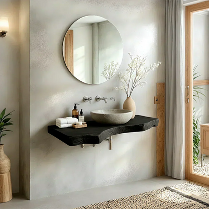 Live Edge Solid Wood Bathroom Vanity – Japandi Floating Sink Shelf - Rustirawood