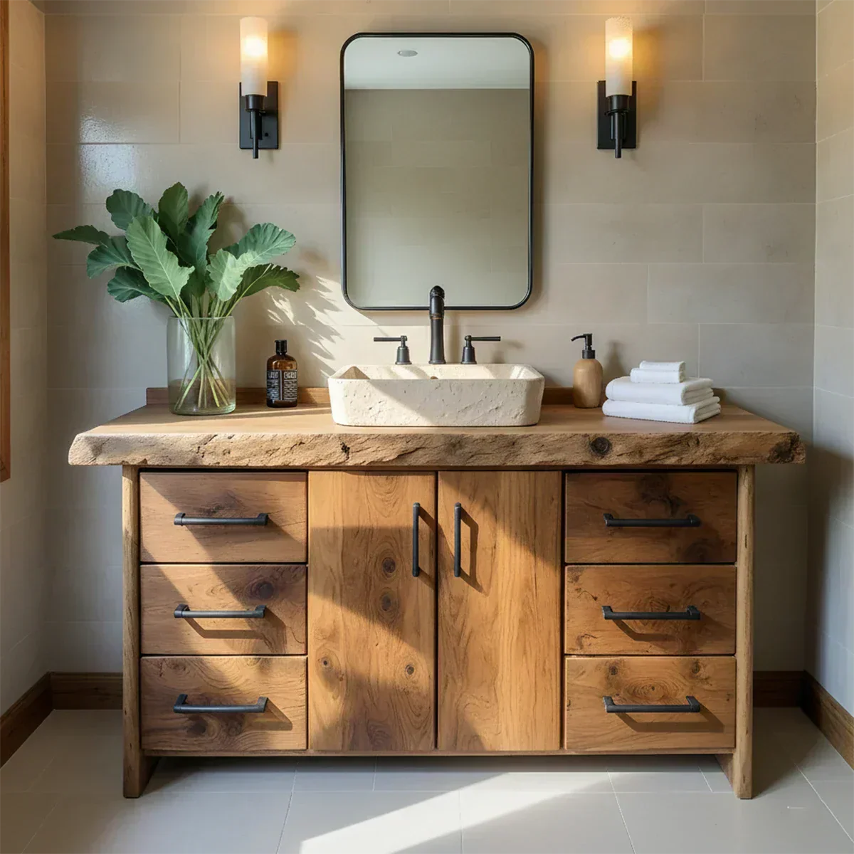 Live Edge Solid Wood Bathroom Vanity – Rustic Wabi-Sabi Cabinet - Rustirawood