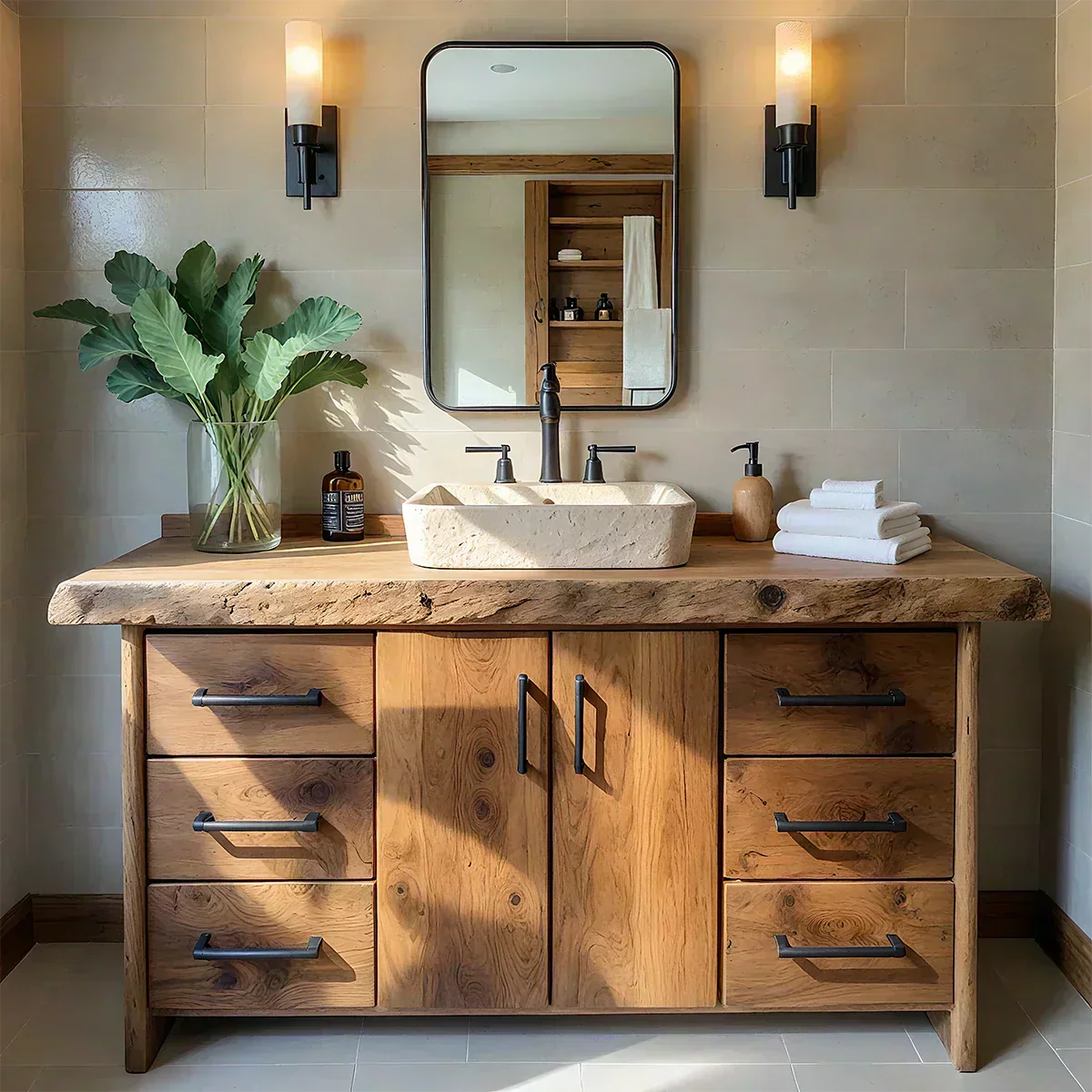 Live Edge Solid Wood Bathroom Vanity – Rustic Wabi-Sabi Cabinet - Woodenecho