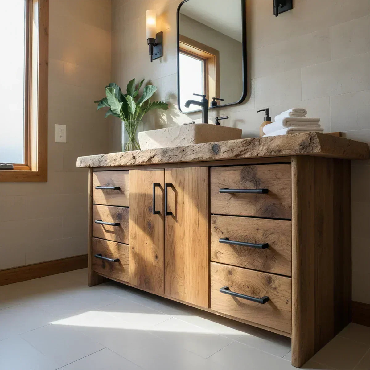 Live Edge Solid Wood Bathroom Vanity – Rustic Wabi-Sabi Cabinet - Woodenecho