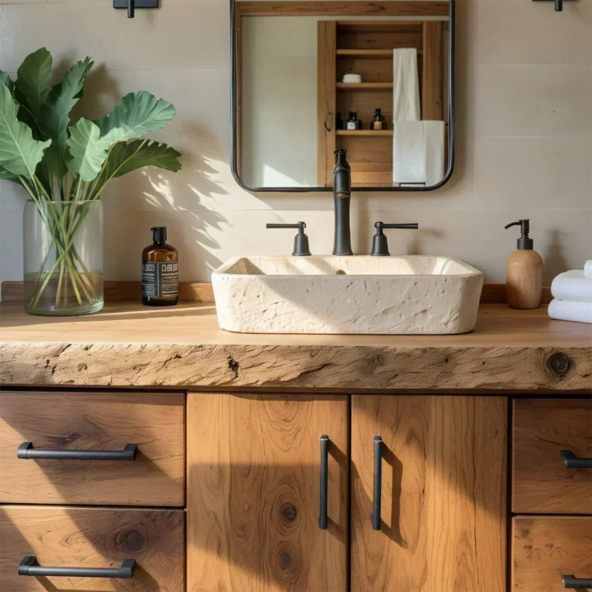Live Edge Solid Wood Bathroom Vanity – Rustic Wabi-Sabi Cabinet - Woodenecho