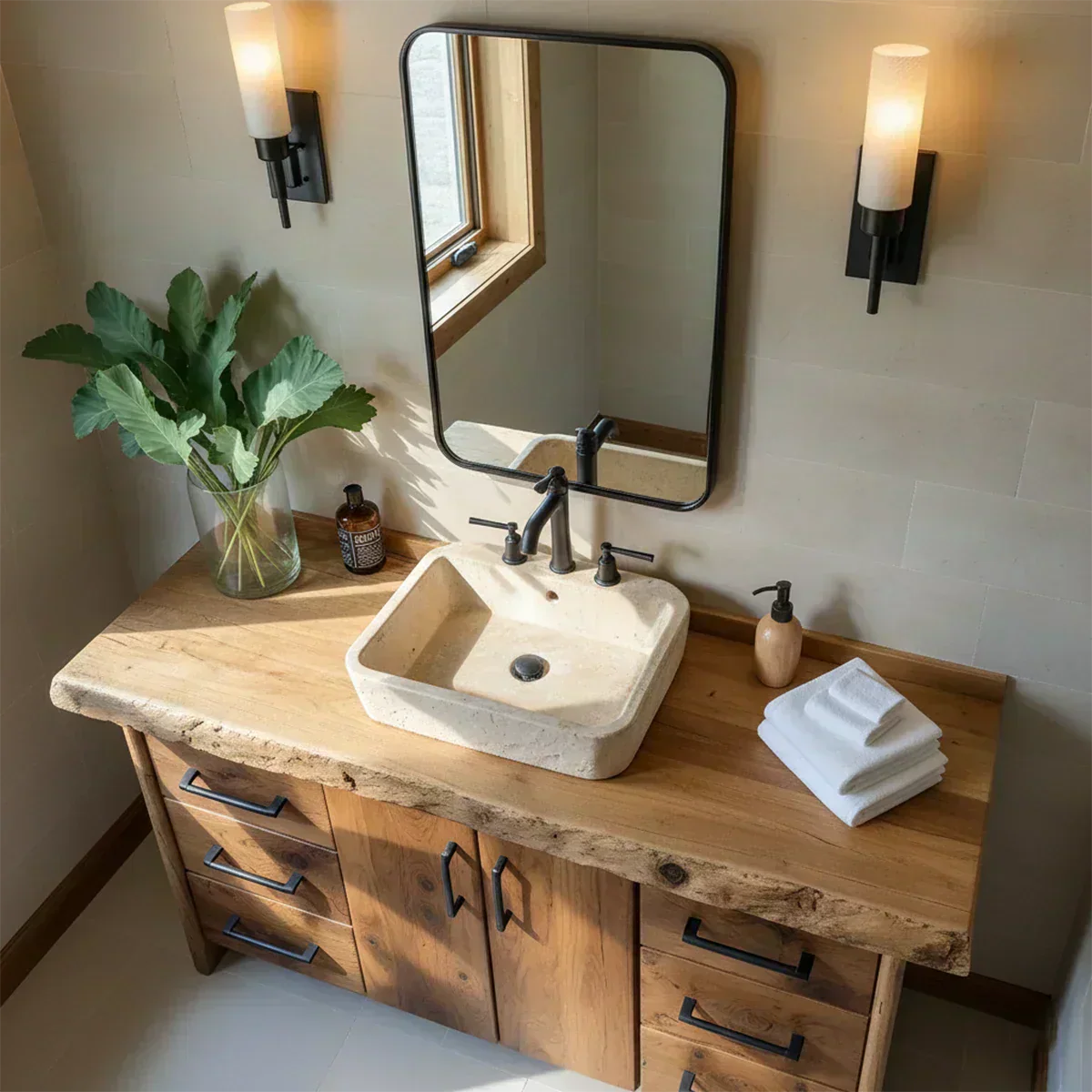 Live Edge Solid Wood Bathroom Vanity – Rustic Wabi-Sabi Cabinet - Woodenecho