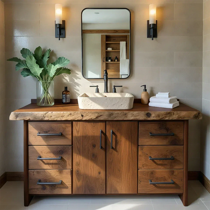 Live Edge Solid Wood Bathroom Vanity – Rustic Wabi-Sabi Cabinet - Woodenecho