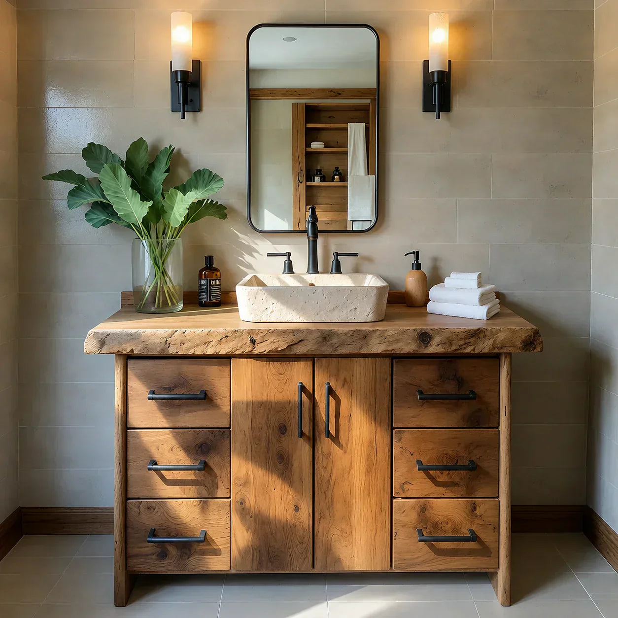 Live Edge Solid Wood Bathroom Vanity – Rustic Wabi-Sabi Cabinet - Woodenecho
