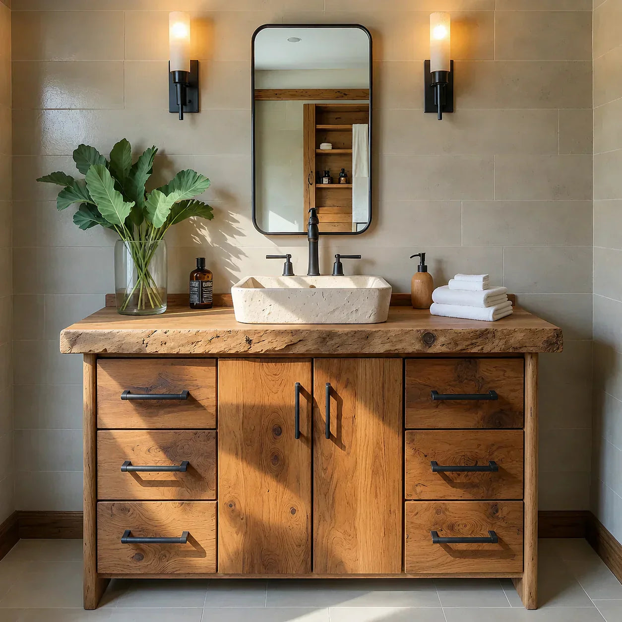 Live Edge Solid Wood Bathroom Vanity – Rustic Wabi-Sabi Cabinet - Woodenecho