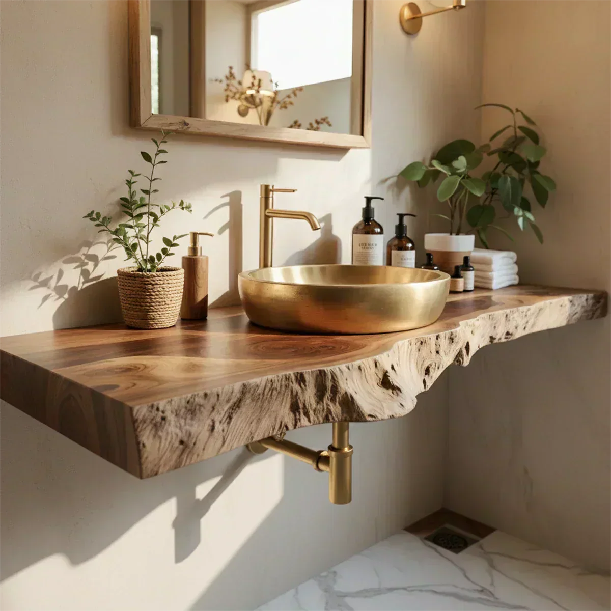 Live Edge Solid Wood Bathroom Vanity Shelf | Natural Design - Rustirawood