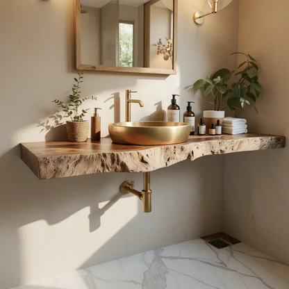Live Edge Solid Wood Bathroom Vanity Shelf | Natural Design - Rustirawood