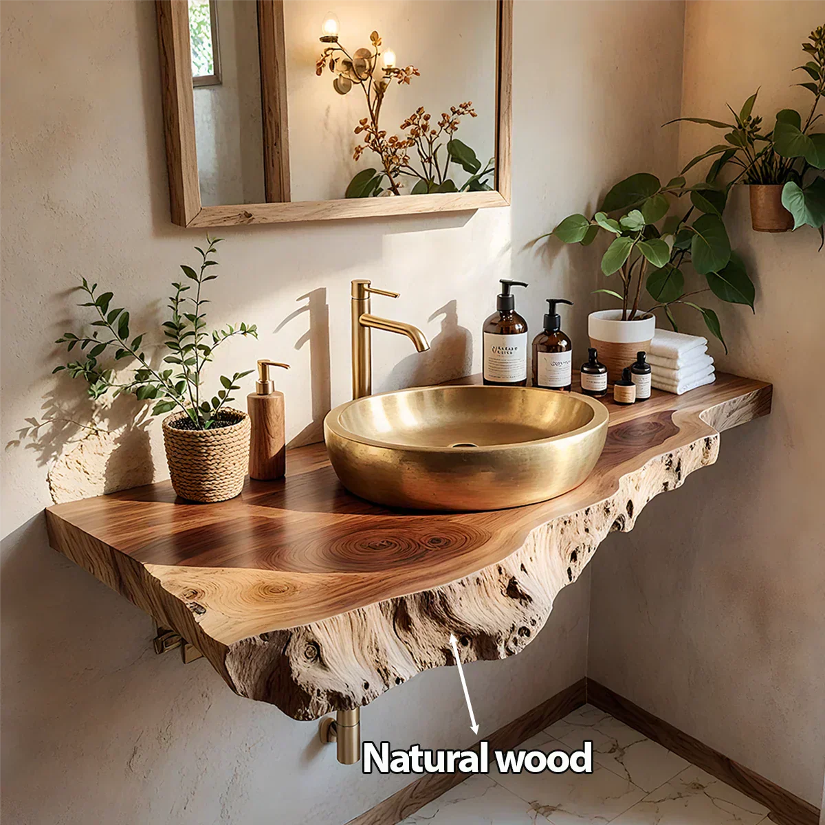 Live Edge Solid Wood Bathroom Vanity Shelf | Natural Design - Rustirawood