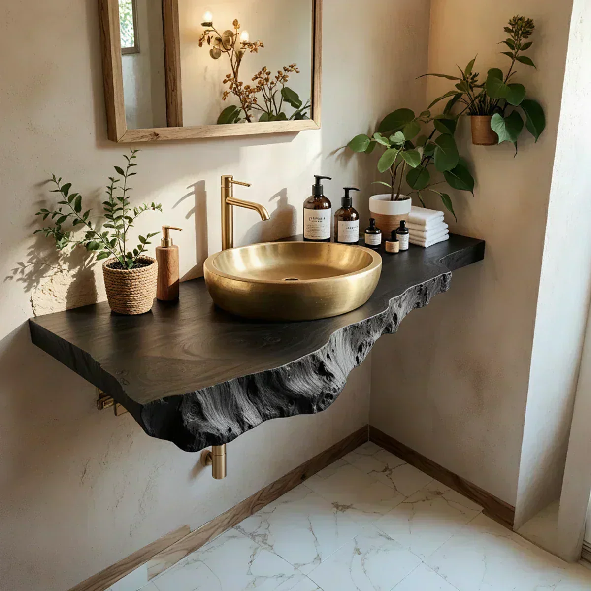 Live Edge Solid Wood Bathroom Vanity Shelf | Natural Design - Rustirawood