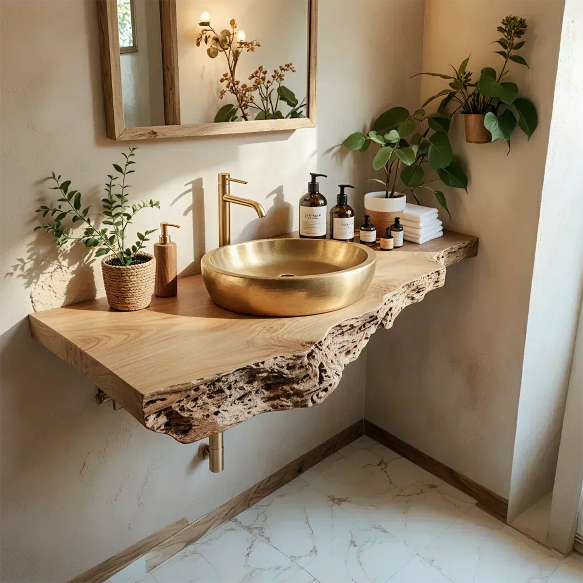 Live Edge Solid Wood Bathroom Vanity Shelf | Natural Design - Rustirawood