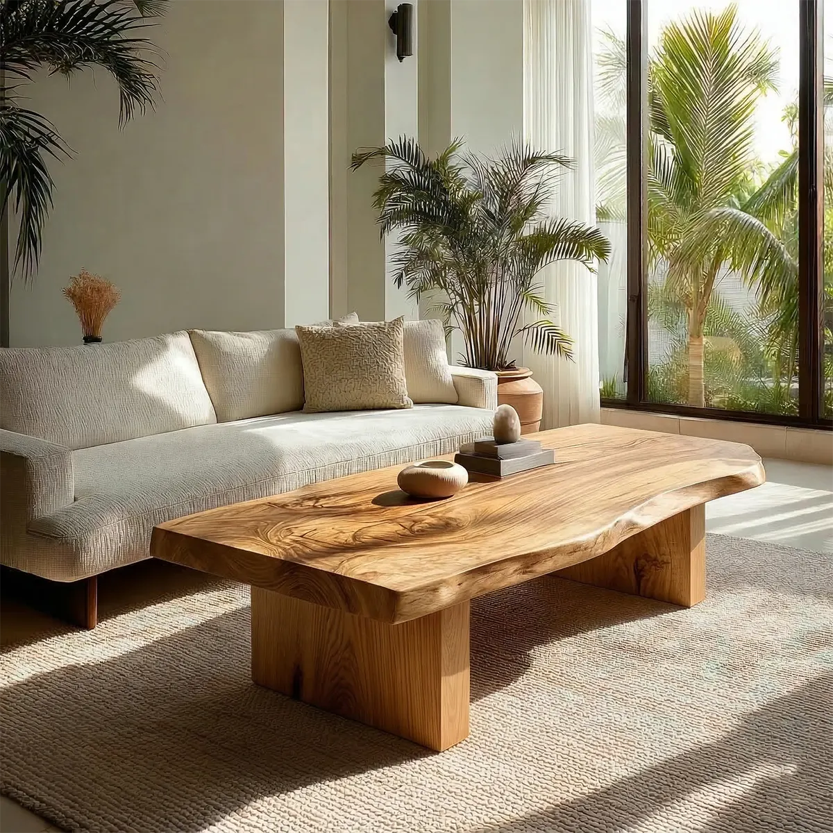 Live Edge Solid Wood Coffee Table with Thick Slab Top and Block Base - Rustirawood