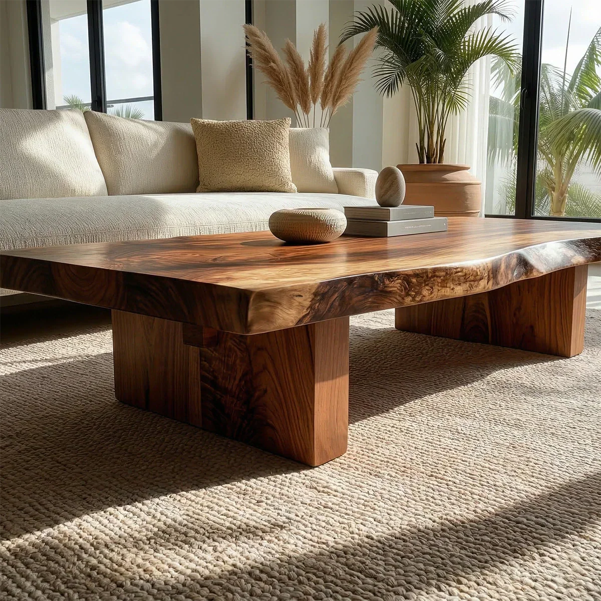 Live Edge Solid Wood Coffee Table with Thick Slab Top and Block Base - Rustirawood