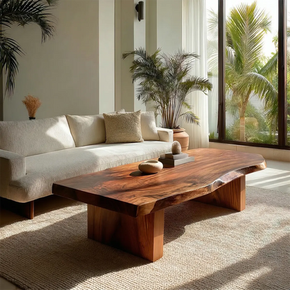 Live Edge Solid Wood Coffee Table with Thick Slab Top and Block Base - Rustirawood