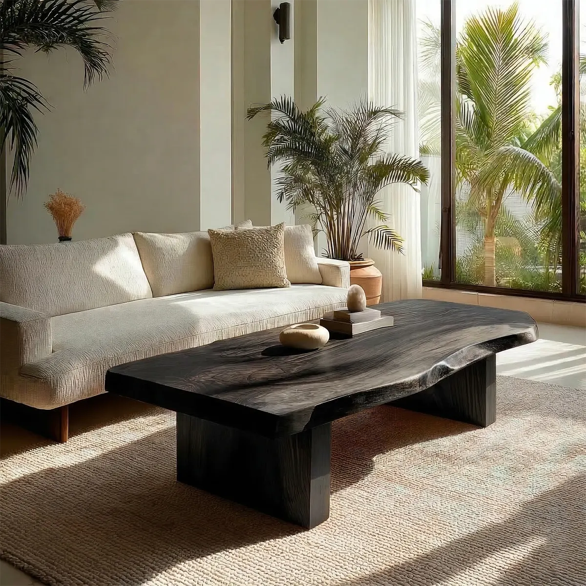 Live Edge Solid Wood Coffee Table with Thick Slab Top and Block Base - Rustirawood