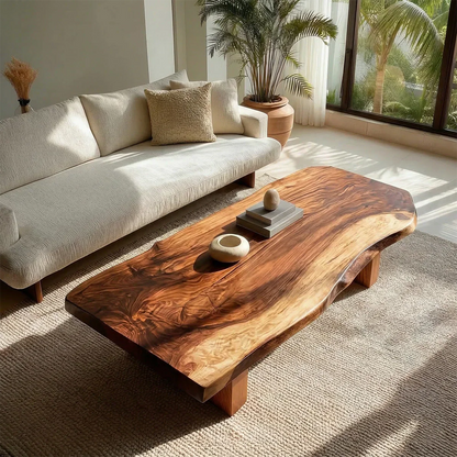 Live Edge Solid Wood Coffee Table with Thick Slab Top and Block Base - Rustirawood
