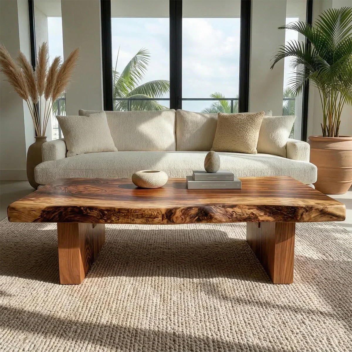Live Edge Solid Wood Coffee Table with Thick Slab Top and Block Base - Woodenecho