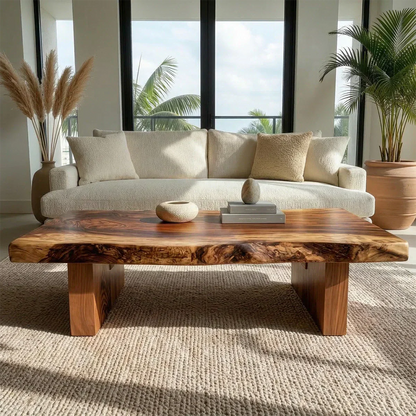 Live Edge Solid Wood Coffee Table with Thick Slab Top and Block Base - Woodenecho