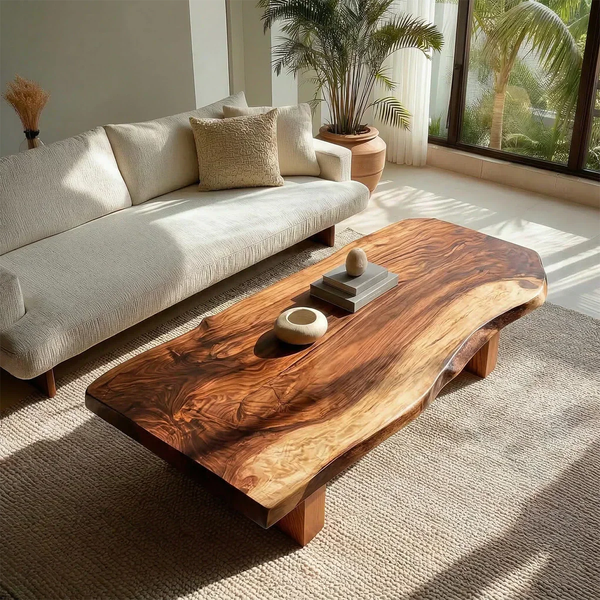 Live Edge Solid Wood Coffee Table with Thick Slab Top and Block Base - Woodenecho