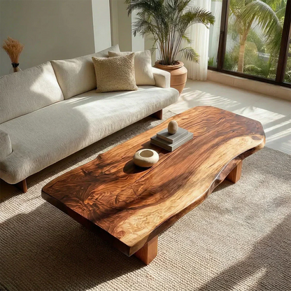 Live Edge Solid Wood Coffee Table with Thick Slab Top and Block Base - Woodenecho