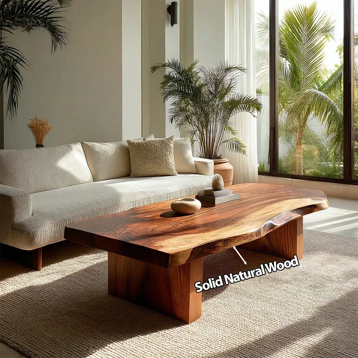 Live Edge Solid Wood Coffee Table with Thick Slab Top and Block Base - Woodenecho
