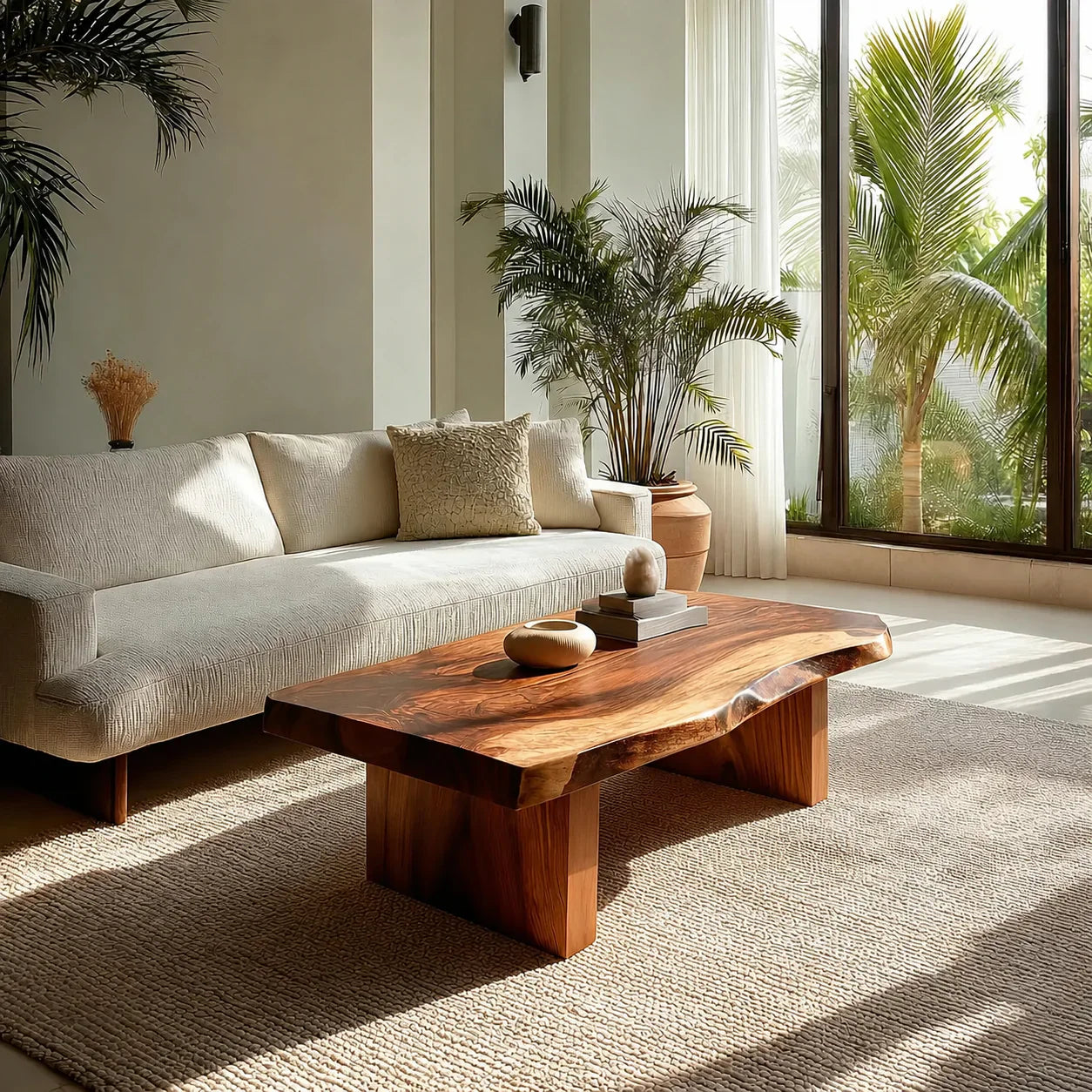 Live Edge Solid Wood Coffee Table with Thick Slab Top and Block Base - Woodenecho