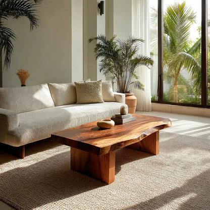 Live Edge Solid Wood Coffee Table with Thick Slab Top and Block Base - Woodenecho