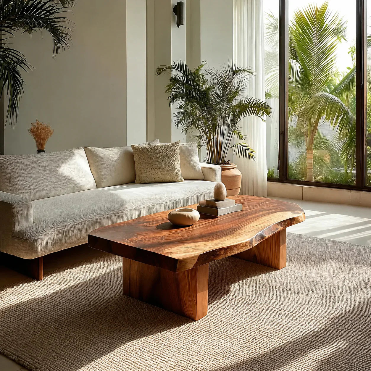 Live Edge Solid Wood Coffee Table with Thick Slab Top and Block Base - Woodenecho