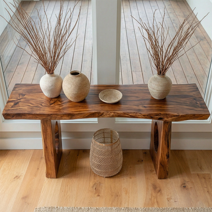 Live Edge Solid Wood Console Table with Sculptural Organic Base - Woodenecho