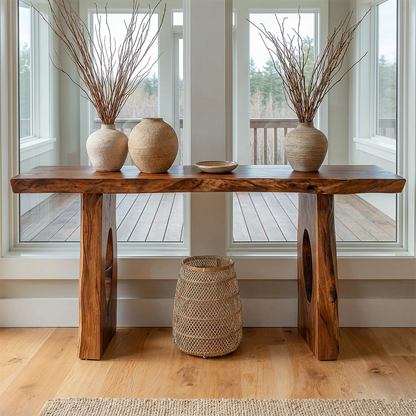 Live Edge Solid Wood Console Table with Sculptural Organic Base - Woodenecho