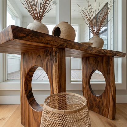 Live Edge Solid Wood Console Table with Sculptural Organic Base - Woodenecho