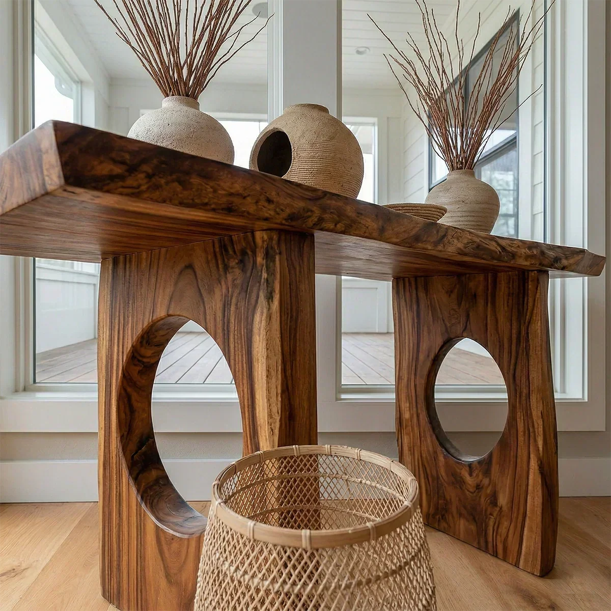 Live Edge Solid Wood Console Table with Sculptural Organic Base - Woodenecho