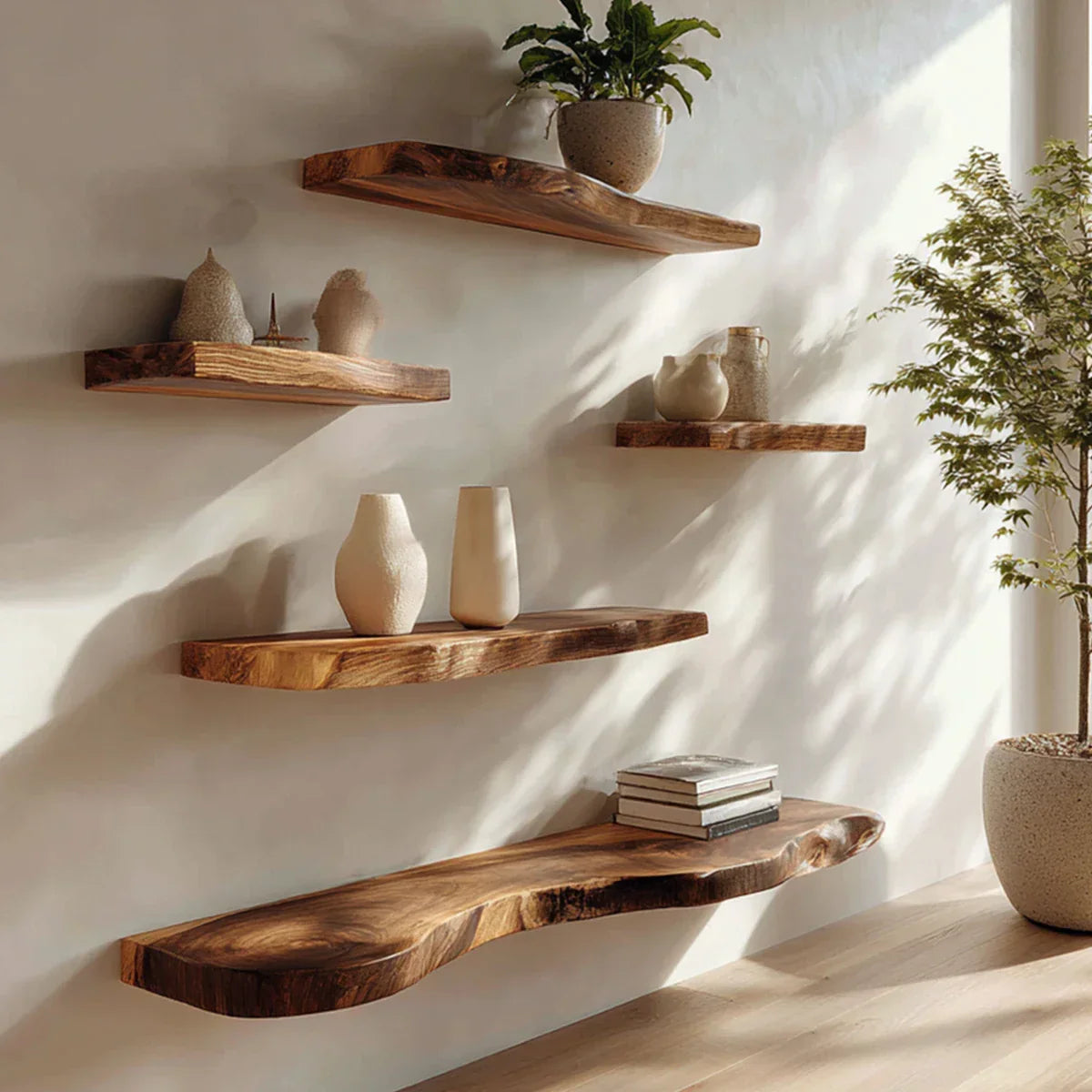 Live-Edge Solid Wood Floating Shelf – Warm Minimalist Accent - Rustirawood