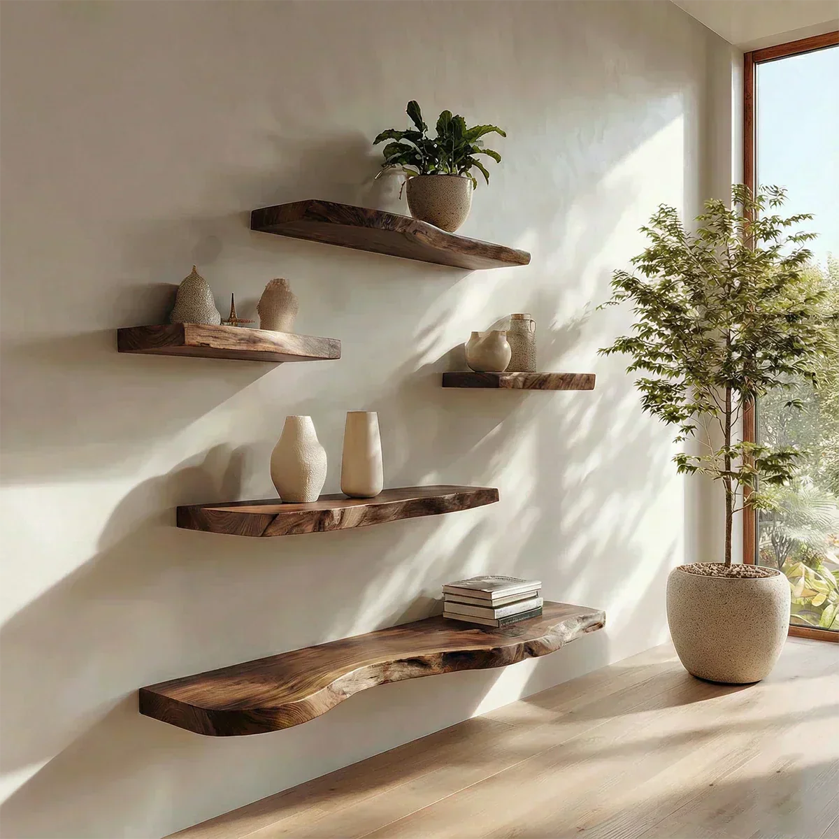 Live-Edge Solid Wood Floating Shelf – Warm Minimalist Accent - Rustirawood