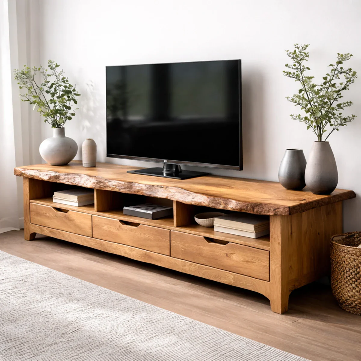 Live Edge Solid Wood TV Stand with Drawers and Open Storage - Rustirawood