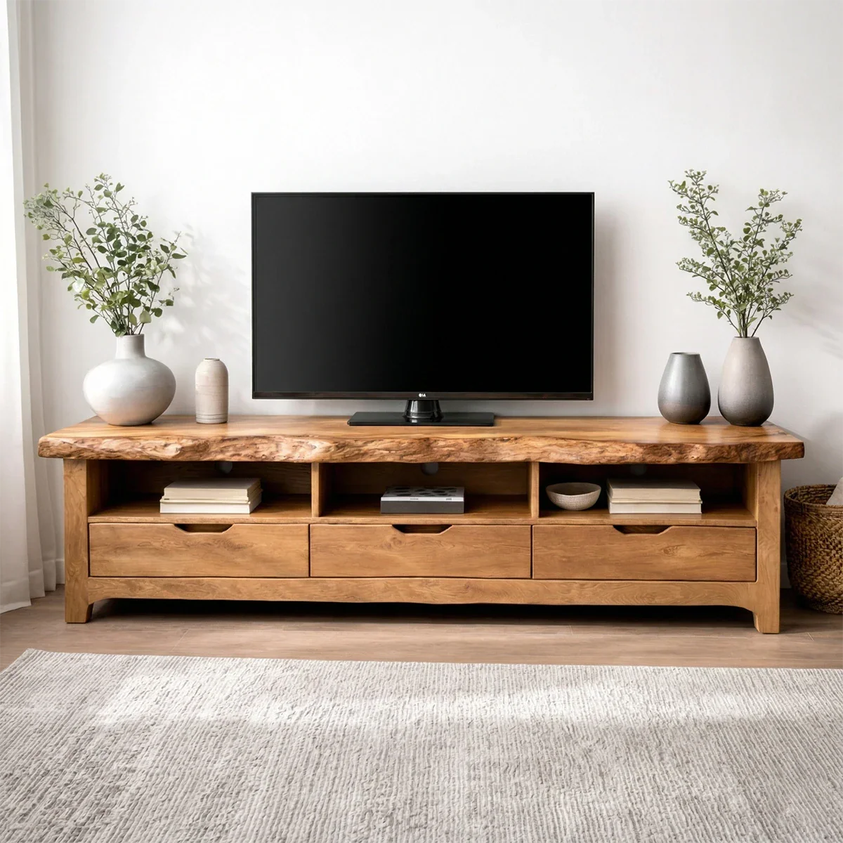 Live Edge Solid Wood TV Stand with Drawers and Open Storage - Rustirawood