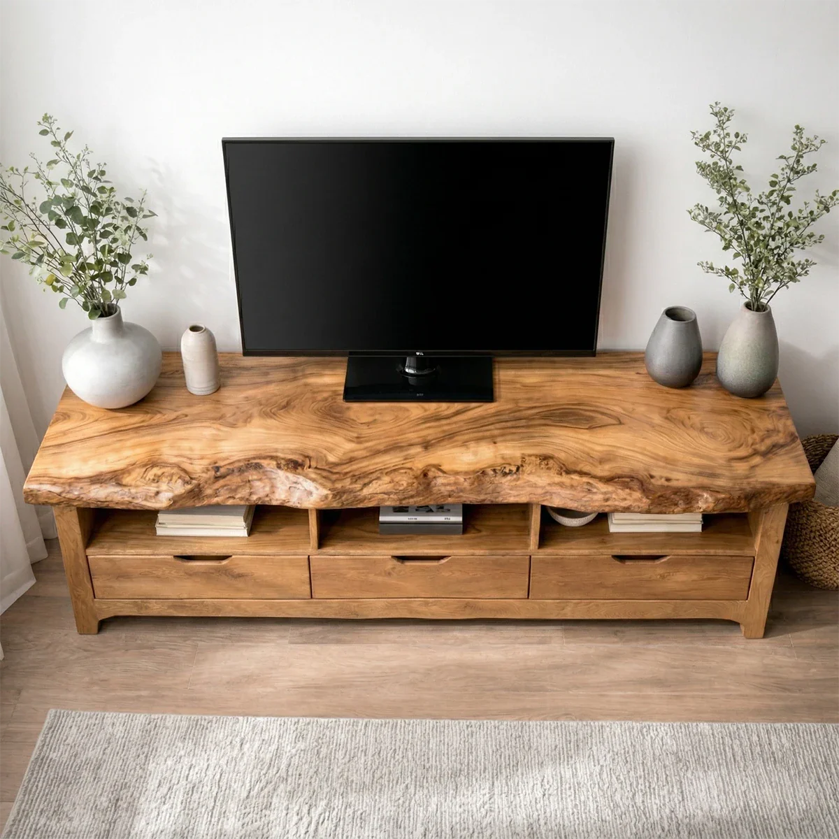 Live Edge Solid Wood TV Stand with Drawers and Open Storage - Rustirawood