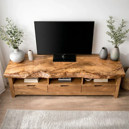 Live Edge Solid Wood TV Stand with Drawers and Open Storage - Woodenecho