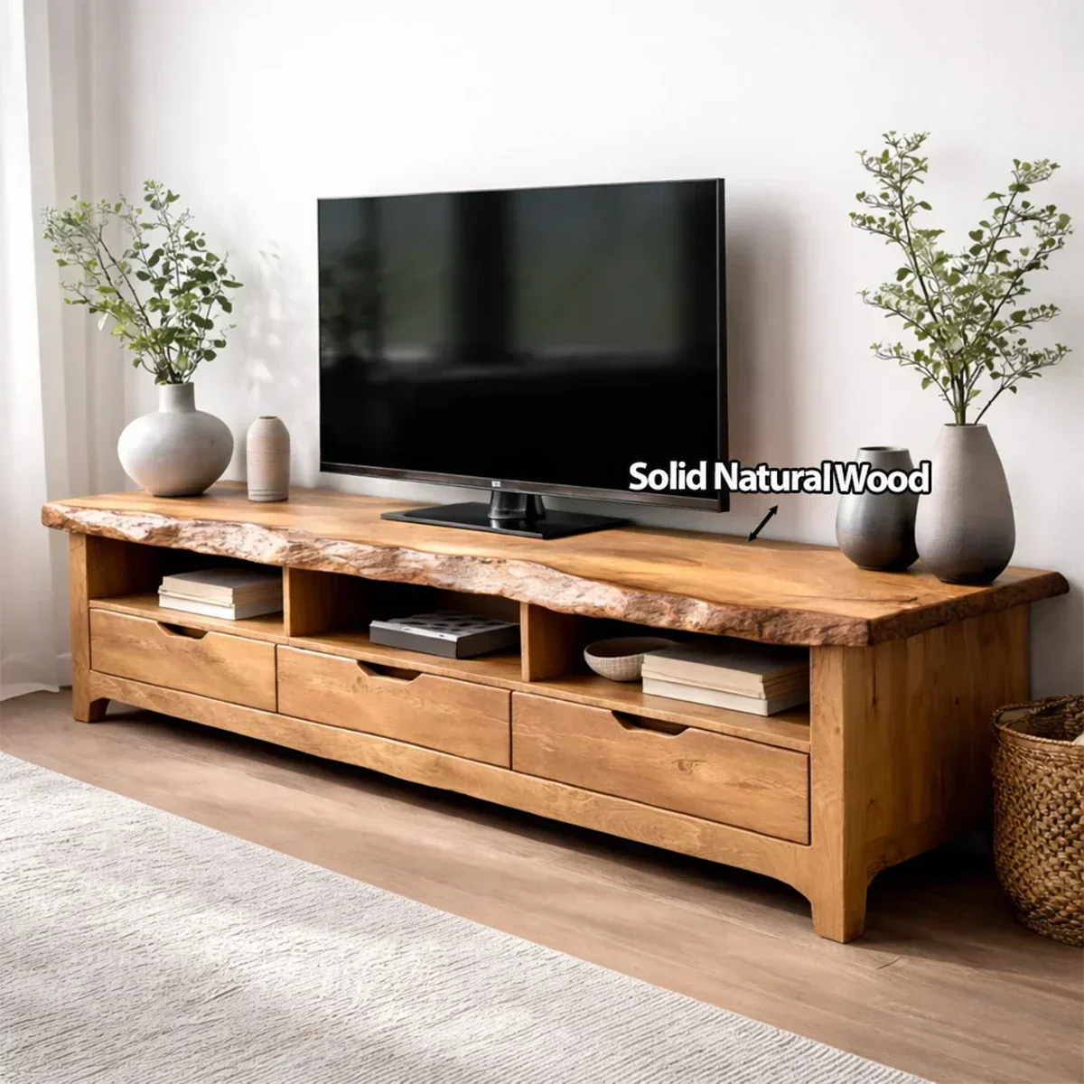 Live Edge Solid Wood TV Stand with Drawers and Open Storage - Woodenecho