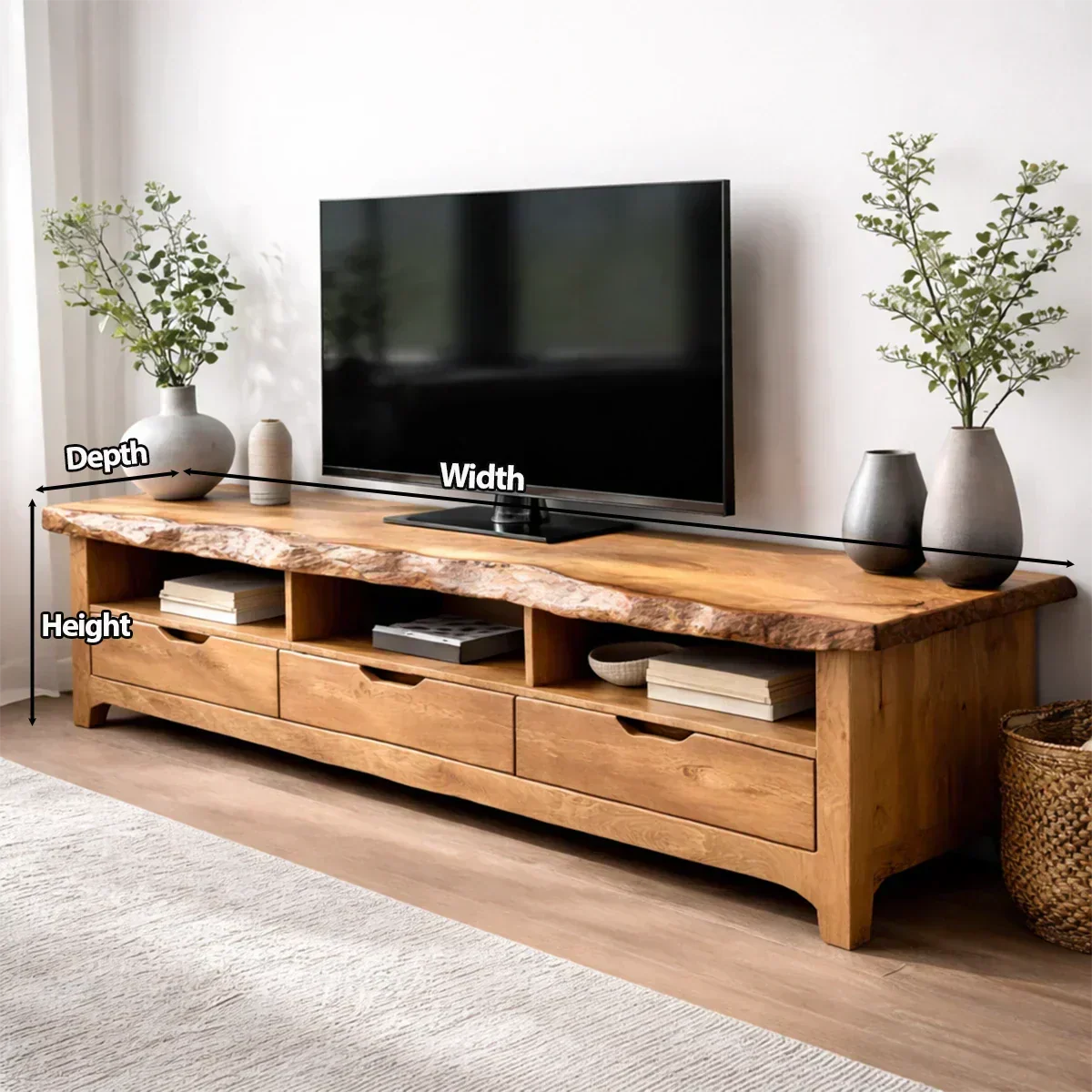 Live Edge Solid Wood TV Stand with Drawers and Open Storage - Woodenecho